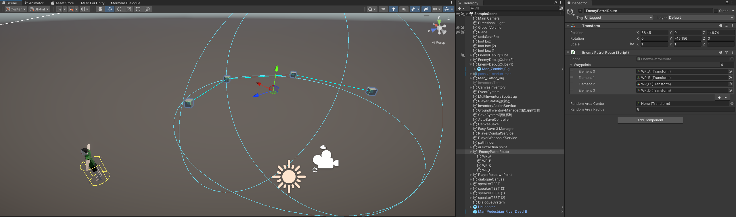 Unity 编辑器中的敌人巡逻路线与感知范围